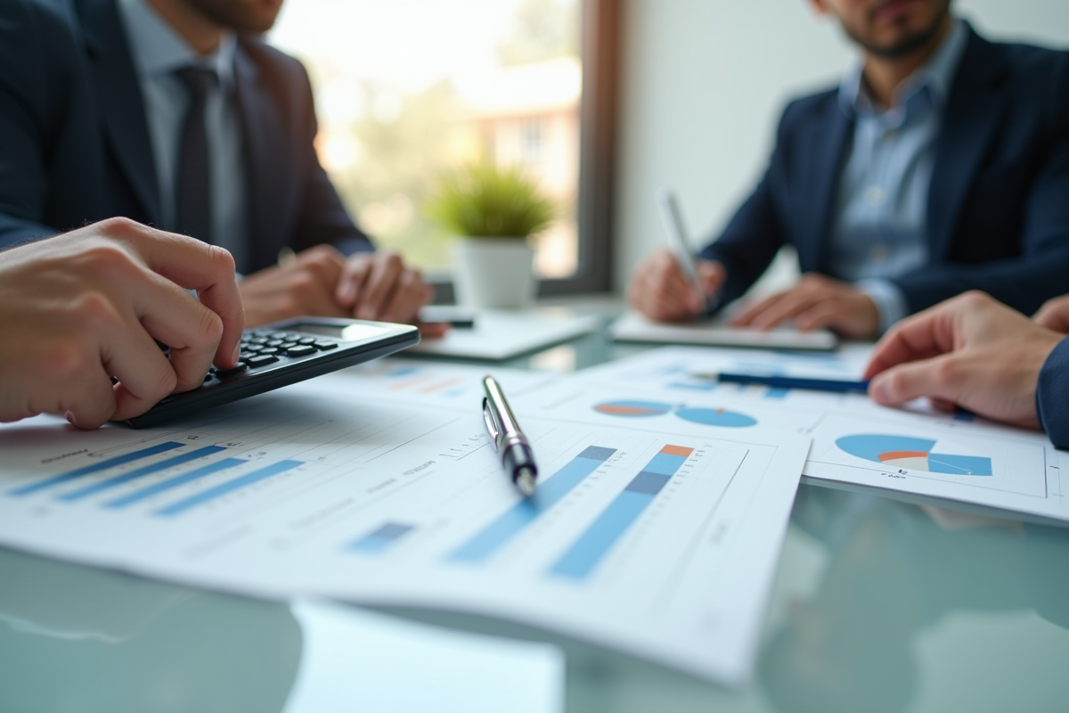 Réunion d'affaires immobilière avec graphiques et plans