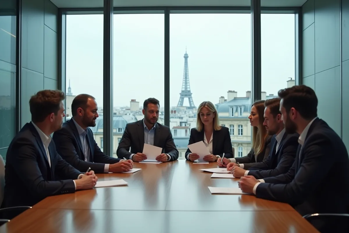 Professionnels en réunion dans un bureau parisien moderne