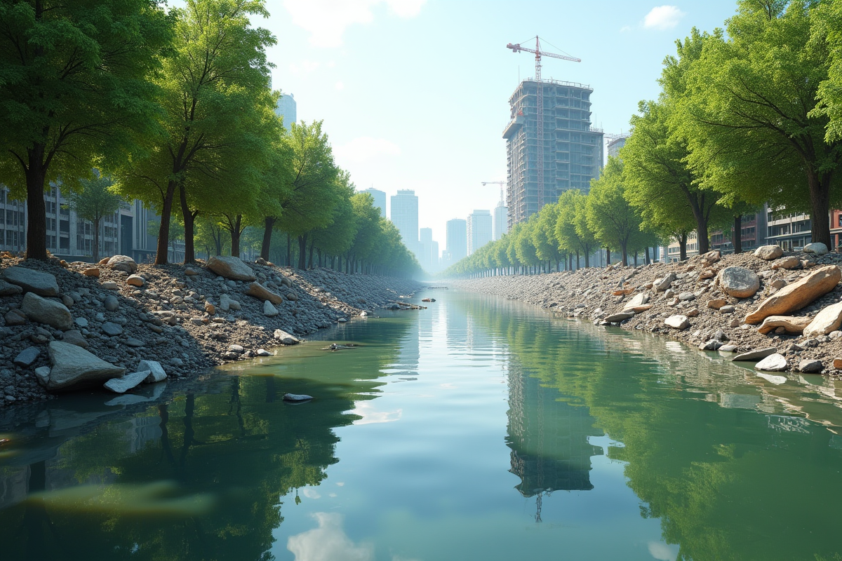 Rivière polluée avec débris de construction et nature environnante