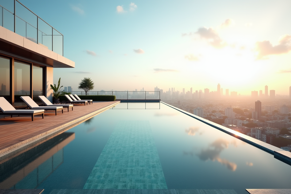 Piscine infinity sur terrasse avec vue sur la ville