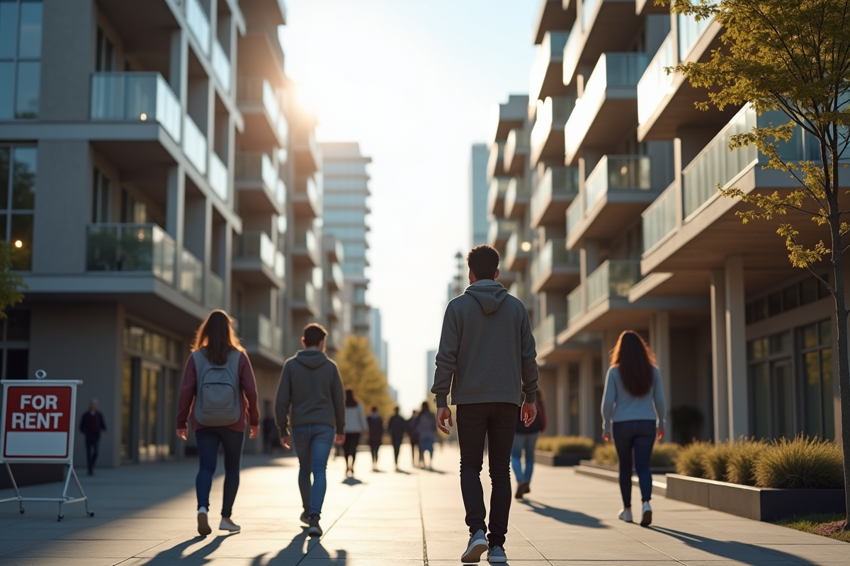 Rue urbaine en Ontario avec panneau a louer et passants