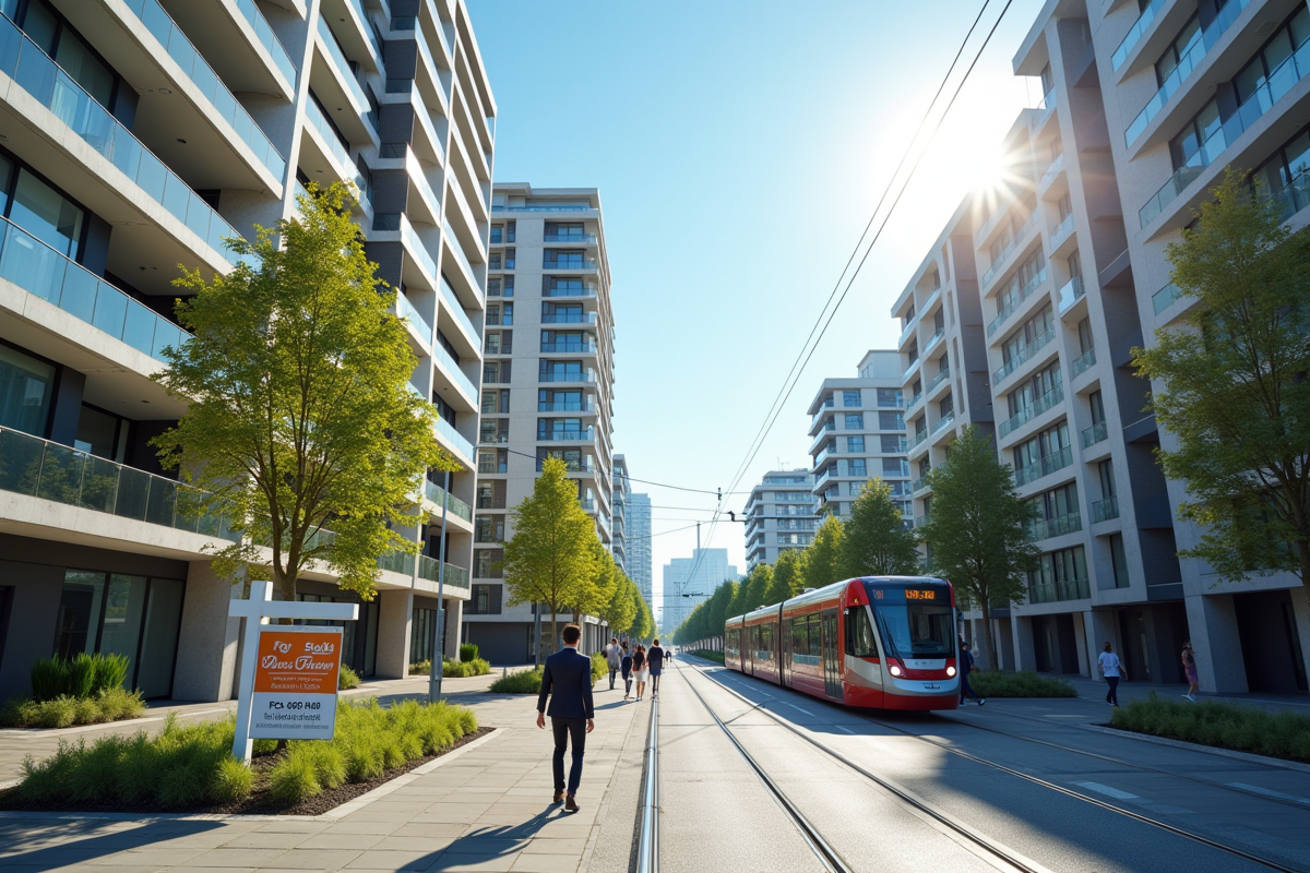Rue urbaine moderne avec immeubles et tram en ville