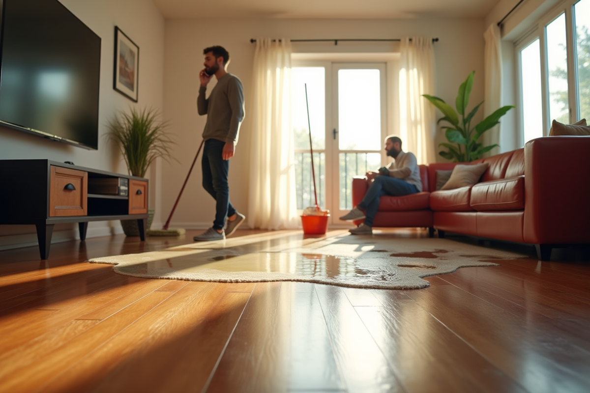 Salon moderne avec inondation et personne au téléphone