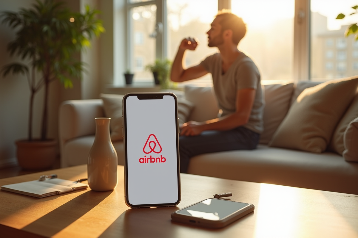 Salon moderne lumineux avec vase cassé et smartphone Airbnb