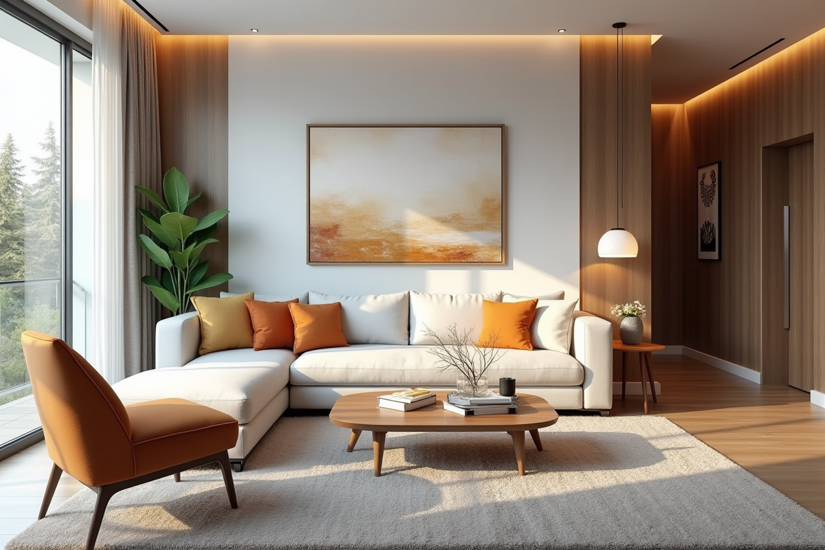 Salon moderne lumineux avec canapé et grande fenetre