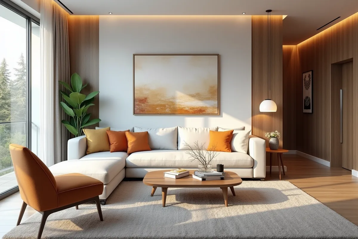 Salon moderne lumineux avec canapé et grande fenetre