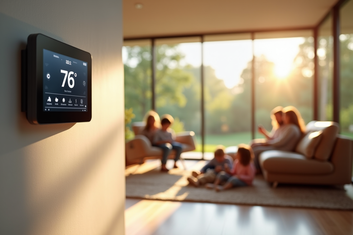 Salon moderne avec thermostat digital et famille confortable