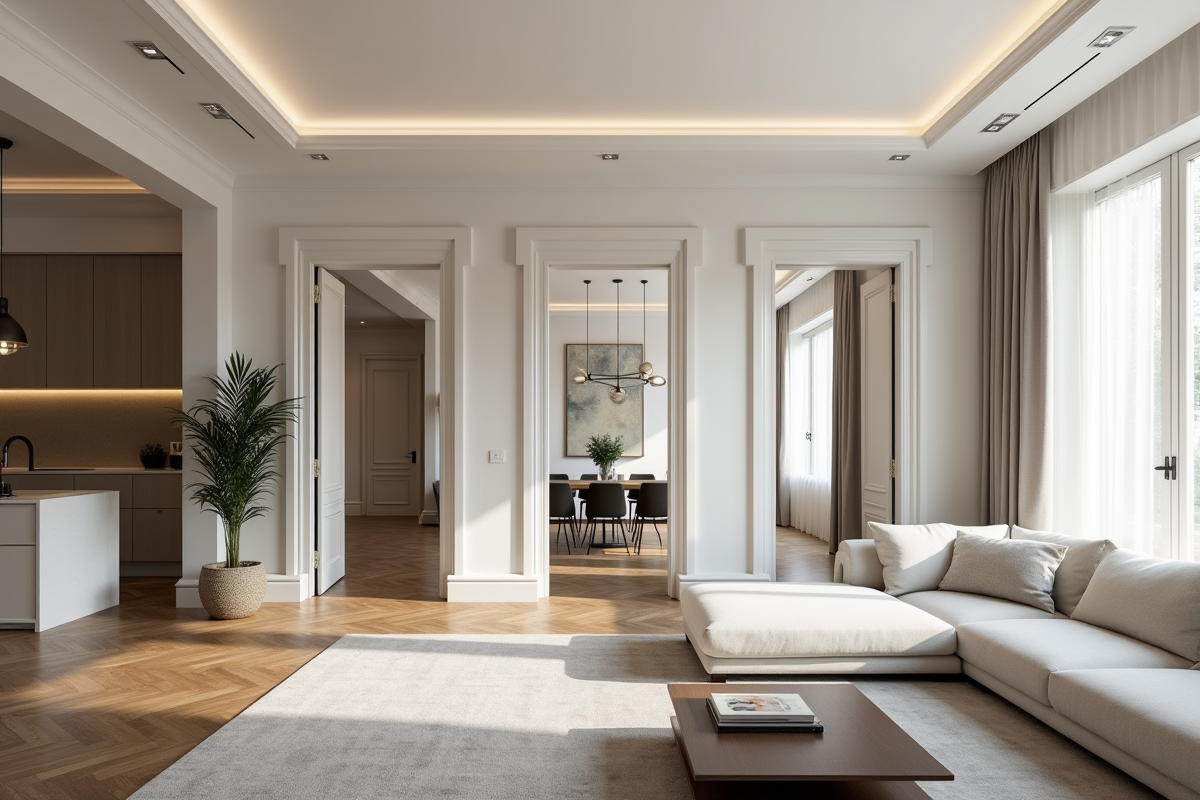 Salon spacieux avec grande fenetre et mobilier moderne