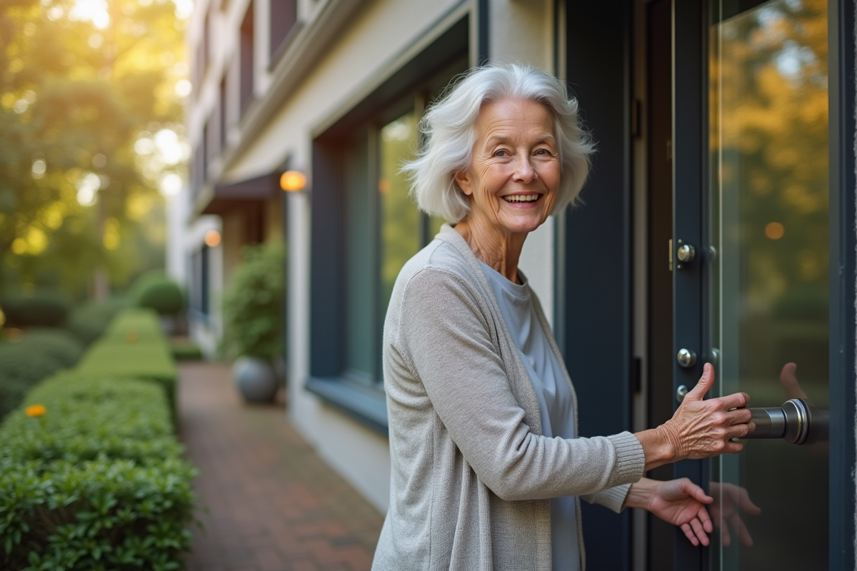 Femme senior souriante ouvrant la porte d une residence moderne