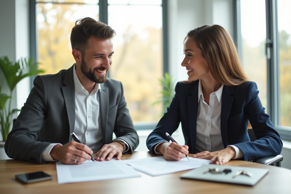 Signature d'un bail entre un propriétaire et un couple de locataires