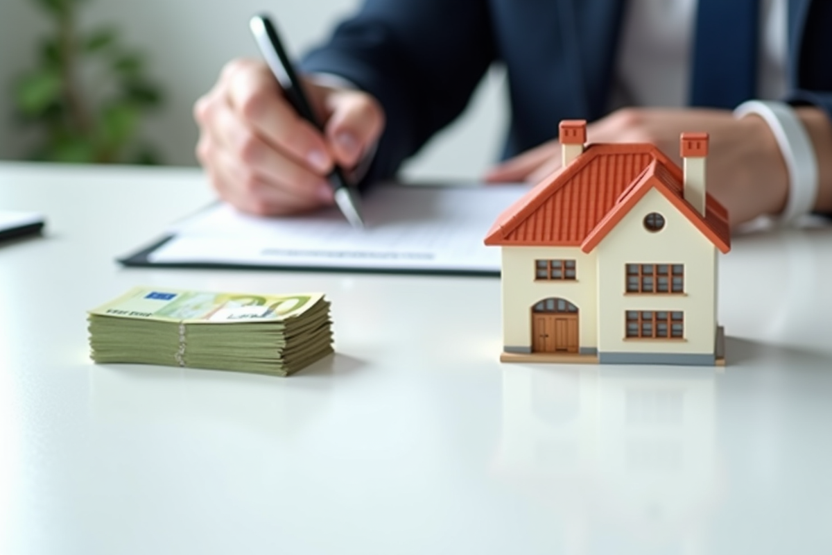 Main signant un contrat avec une maison miniature et des billets d euro