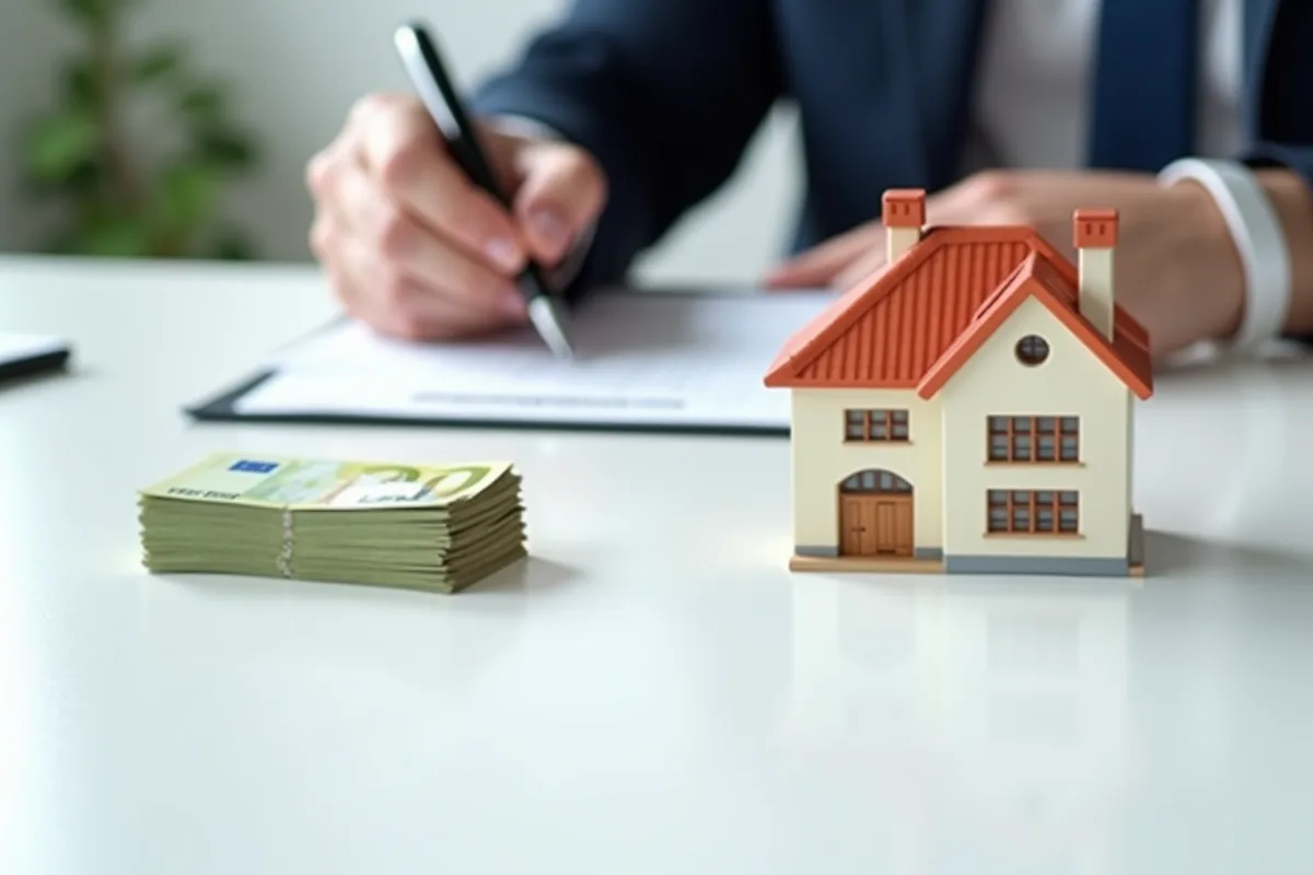 Main signant un contrat avec une maison miniature et des billets d euro