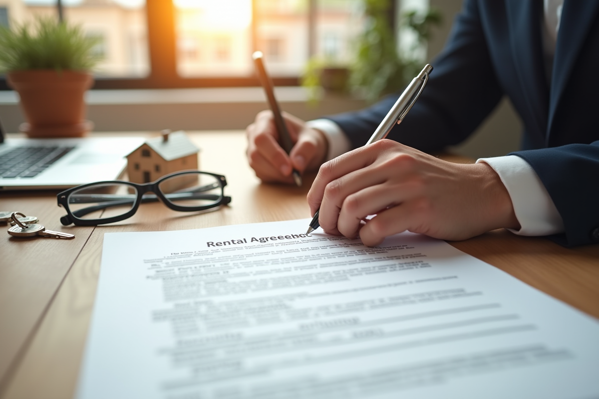 Main signant un contrat de location sur un bureau lumineux
