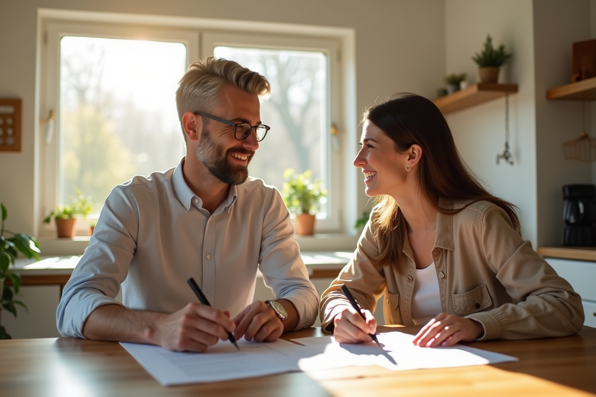 Deux personnes signant des documents d'achat immobilier dans une cuisine lumineuse
