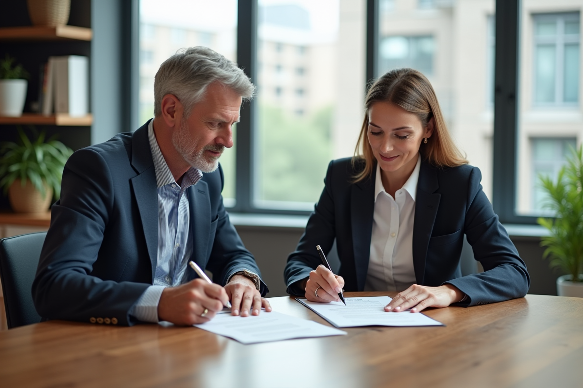 Couple d'affaires signant des documents immobiliers dans un bureau moderne