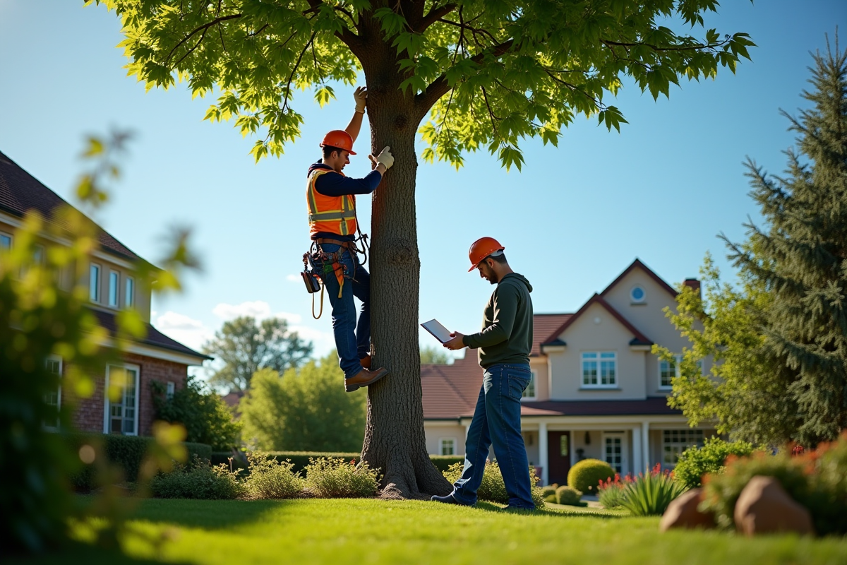 Élagueur professionnel en sécurité dans un jardin suburbain