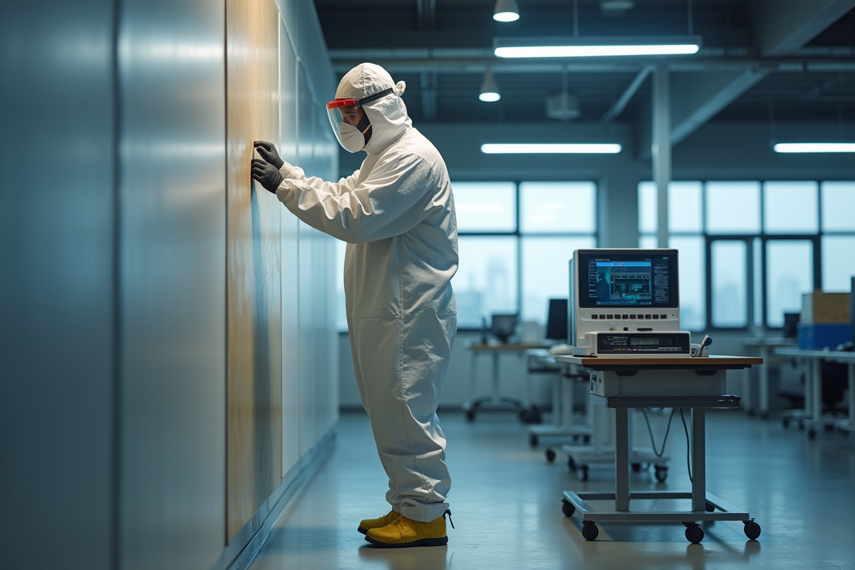 Technicien en protection prenant un échantillon dans un bureau moderne