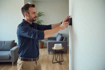 Technicien installant un thermostat intelligent dans un salon moderne