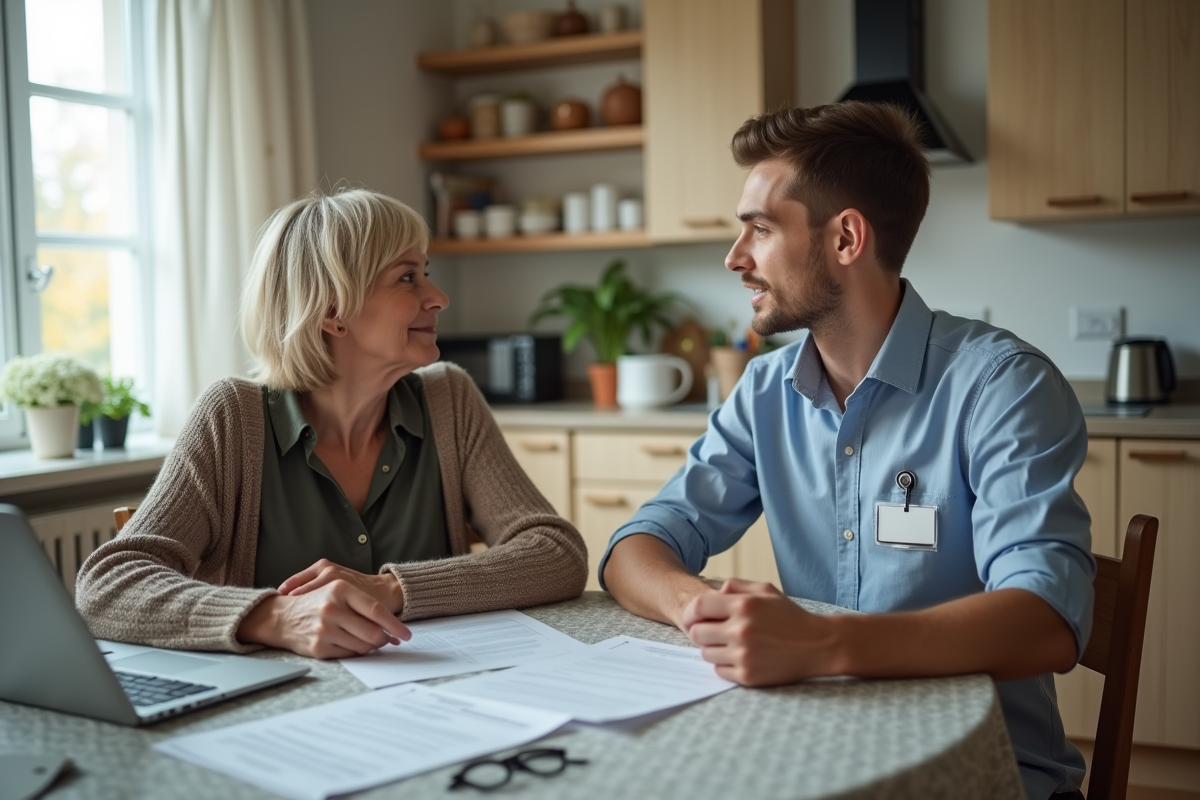 Travailleur social discutant avec une femme dans un appartement