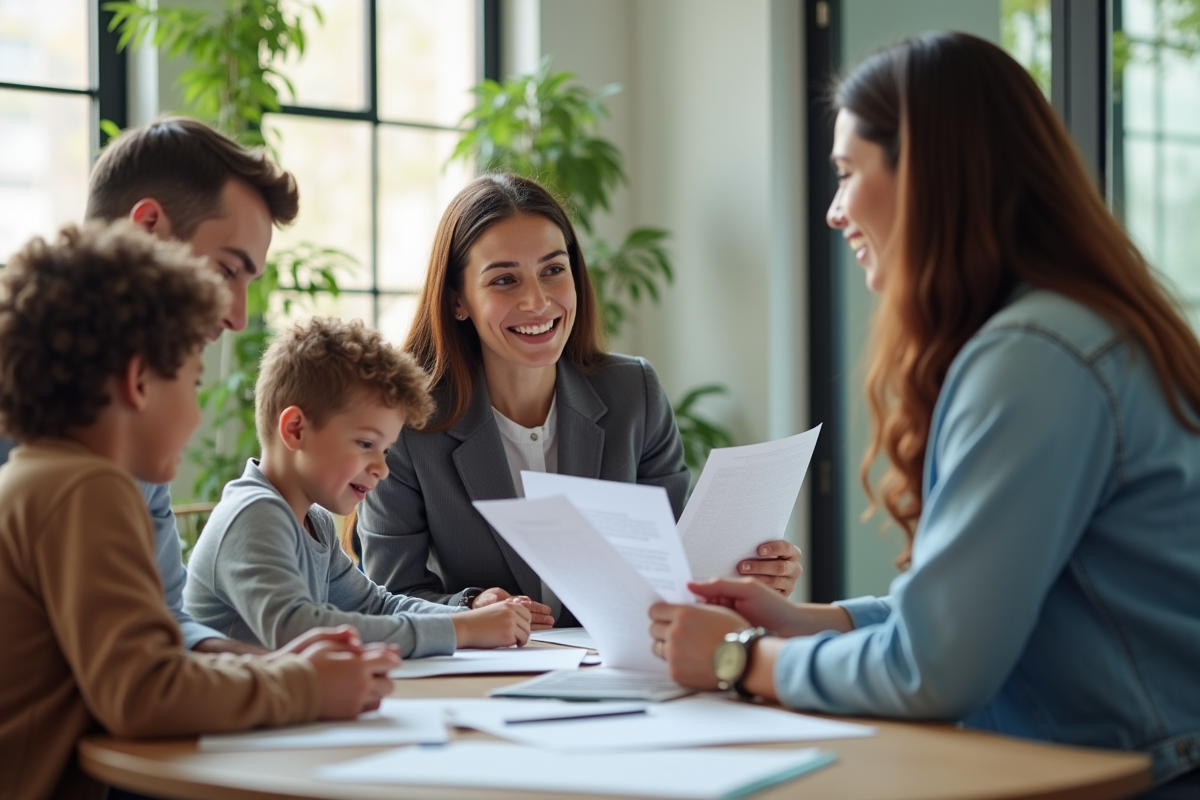 Travailleur social examinant un dossier logement avec une famille