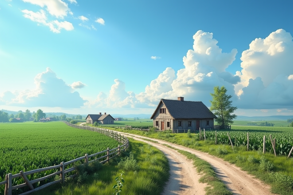 Petit village rural avec maisons traditionnelles et champs