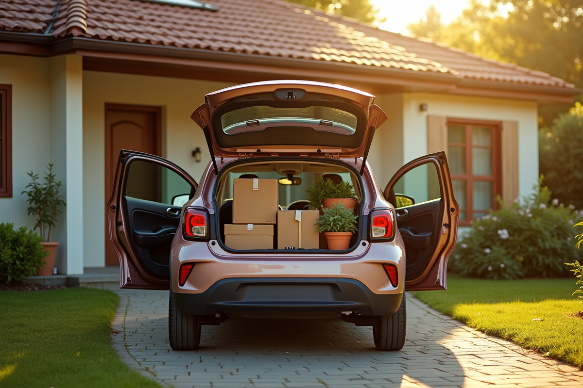 Voiture compacte garée devant une maison avec des cartons