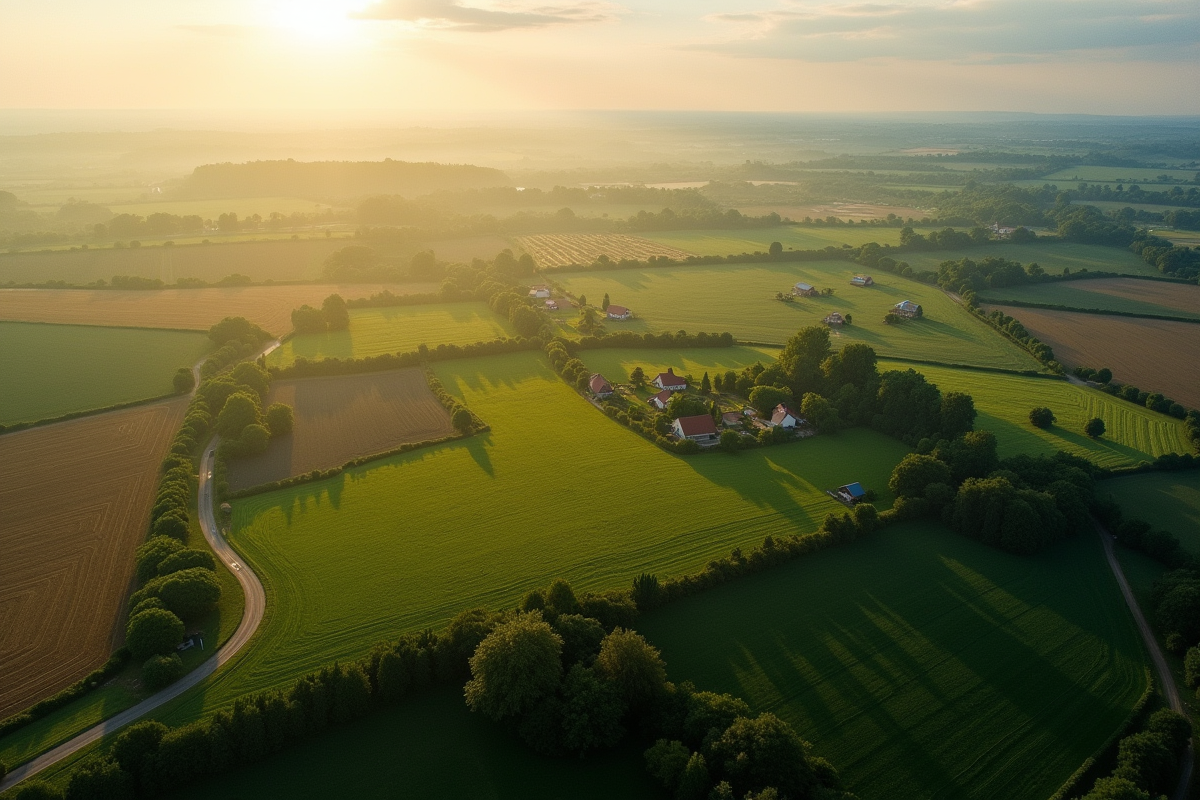 Vue aérienne de champs et routes rurales au matin