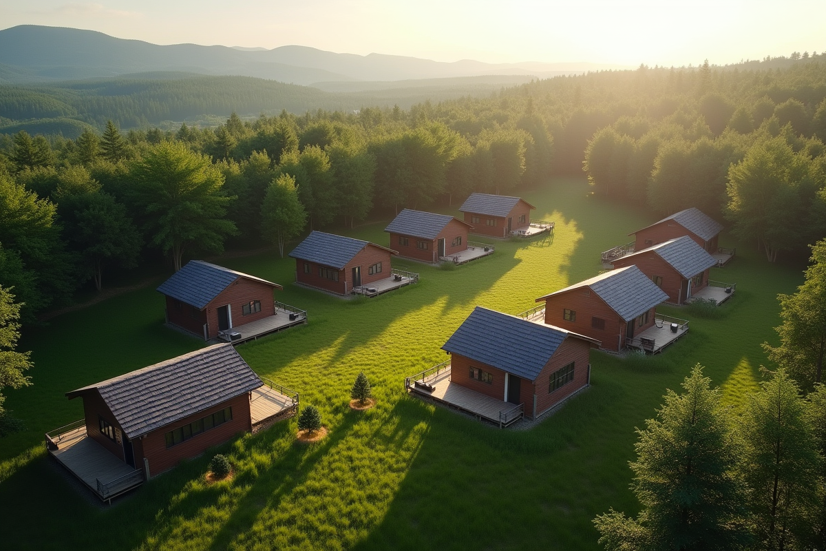 Vue aérienne de lodges en bois dans la nature avec terrasses et forêt