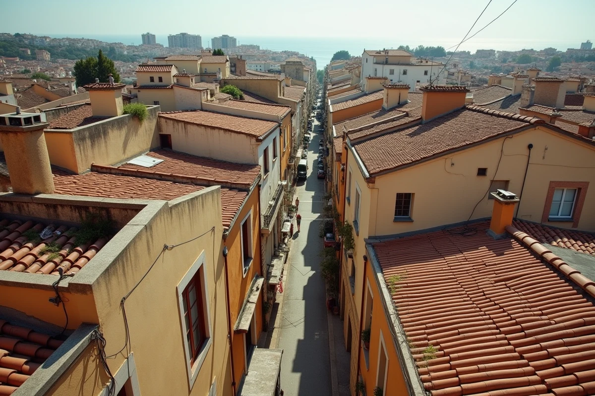 Vue aérienne d'un quartier dense et vétuste de Nice contrastant avec des zones résidentielles valorisées en arrière-plan, contexte investissement immobilier locatif